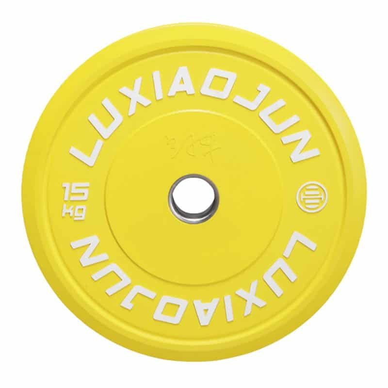 Luxiaojun India 15kg bumper plates for weightlifting, durable rubber exercise equipment with black finish.