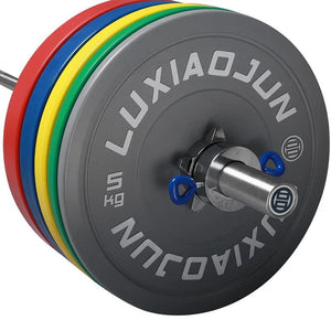 Luxiaojun India bumper plates for weightlifting, 150kg set, durable gym equipment with black rubber coating and weight markings.