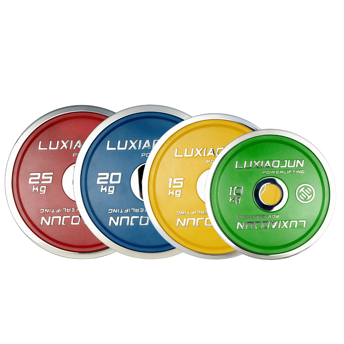 Luxiaojun India chrome powerlifting calibrated plates, 25 kg, weightlifting equipment with a shiny metal finish and weight markings