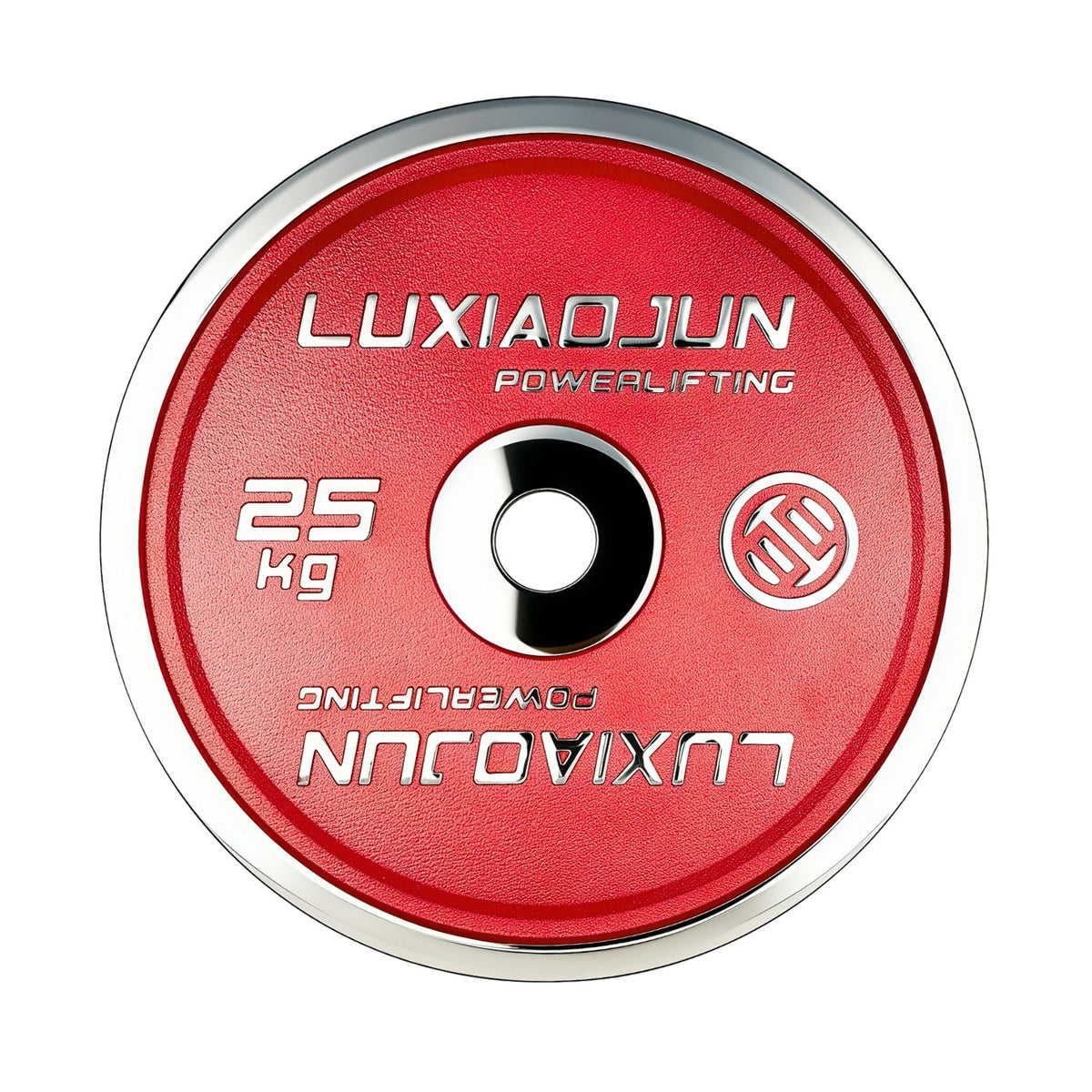 Luxiaojun India chrome powerlifting calibrated plates, 25 kg, weightlifting equipment, with shiny chrome finish and precise calibration.