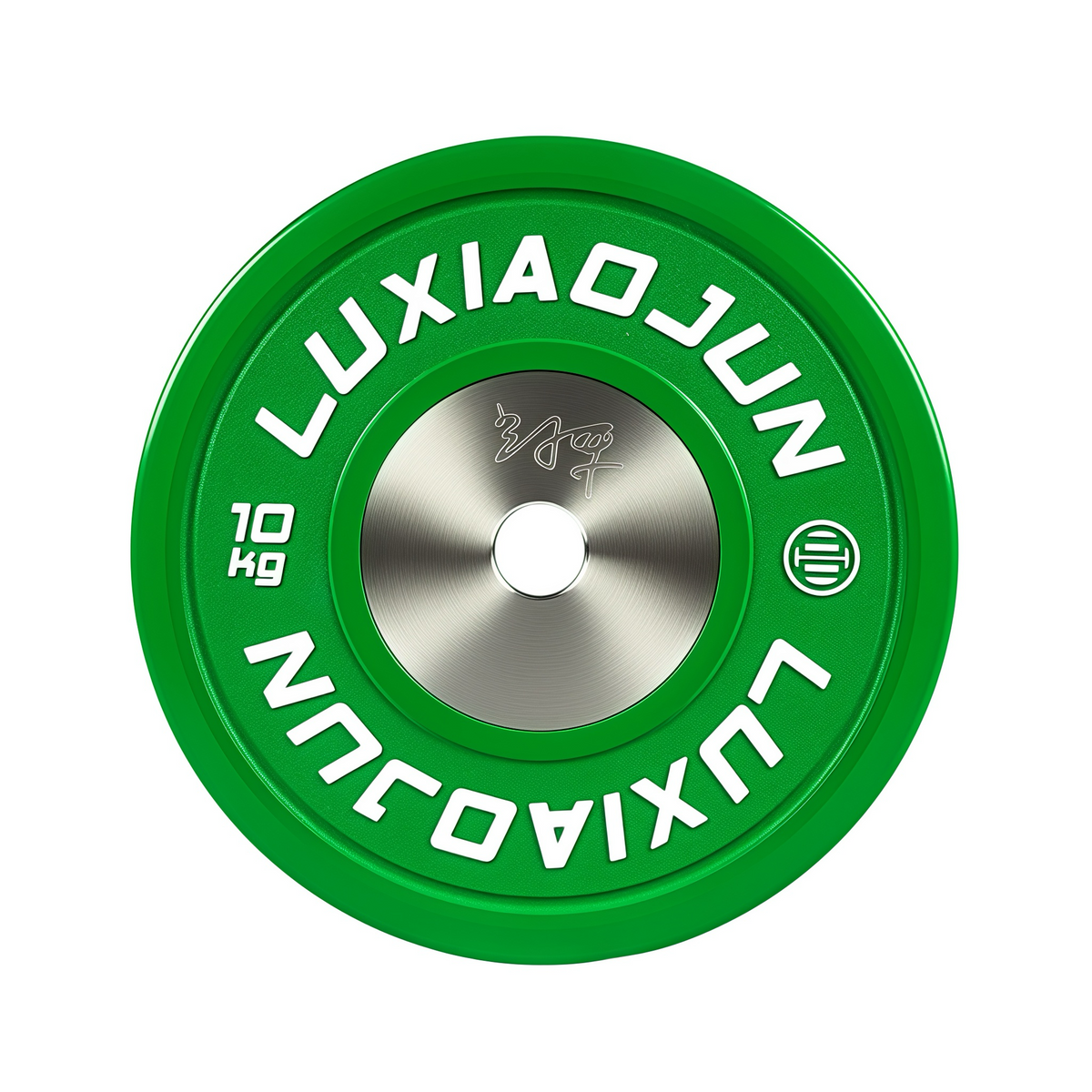 Luxiaojun India competition plates displayed on a gym equipment rack, designed for weightlifting and strength training.