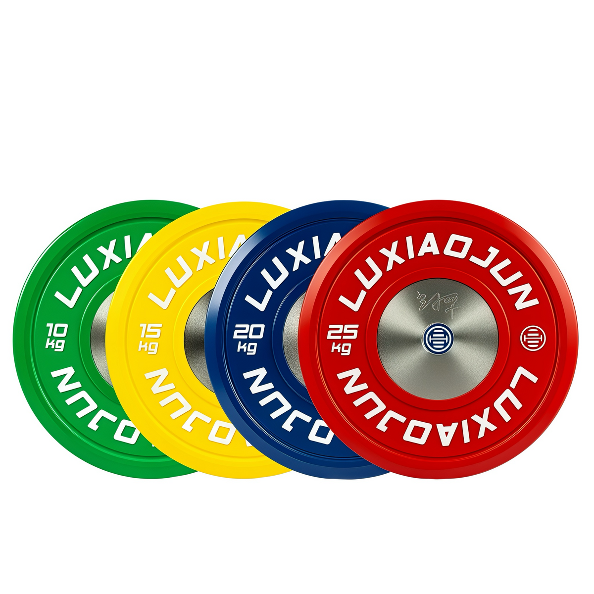 Luxiaojun India competition plates, professional weightlifting equipment, stacked for display, durable metal construction